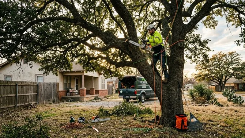 A certified arborist pruning a mature tree during the dormant season in a San Angelo neighborhood