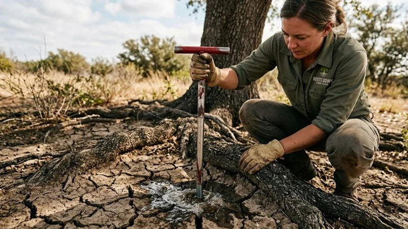 Deep root fertilization probe injecting nutrient solution into the soil around a tree's root zone