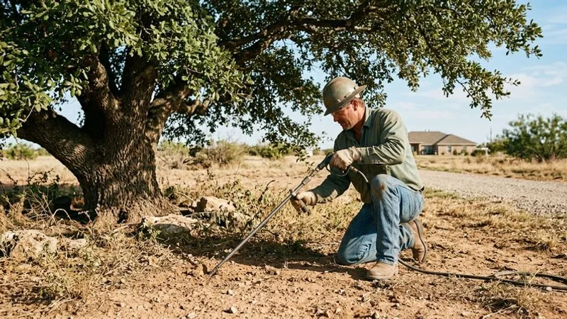 Arborist performing deep root fertilization injection on a mature pecan tree in San Angelo