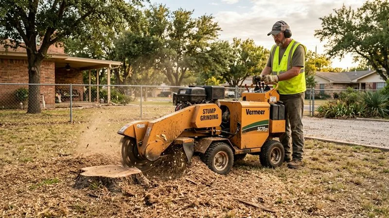 Side-by-side comparison of stump grinding equipment and a fully excavated tree stump in San Angelo