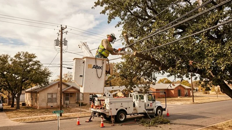 Professional arborist trimming tree branches away from power lines in a San Angelo neighborhood