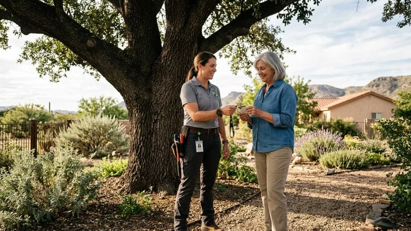 An ISA Certified Arborist examining a mature tree trunk with diagnostic tools in a San Angelo residential yard